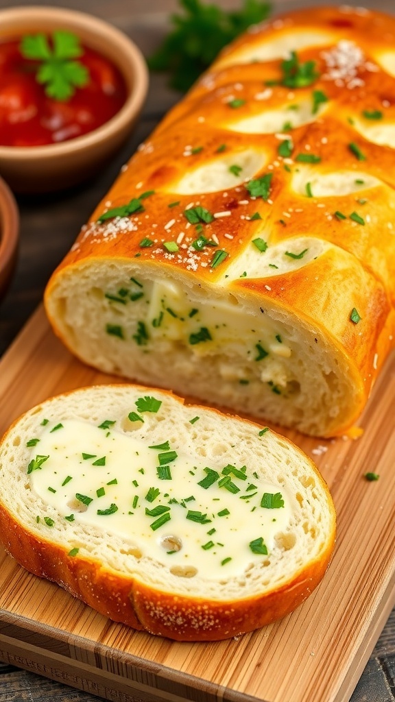 Sliced garlic bread with butter and parsley on a wooden board, served with marinara sauce.